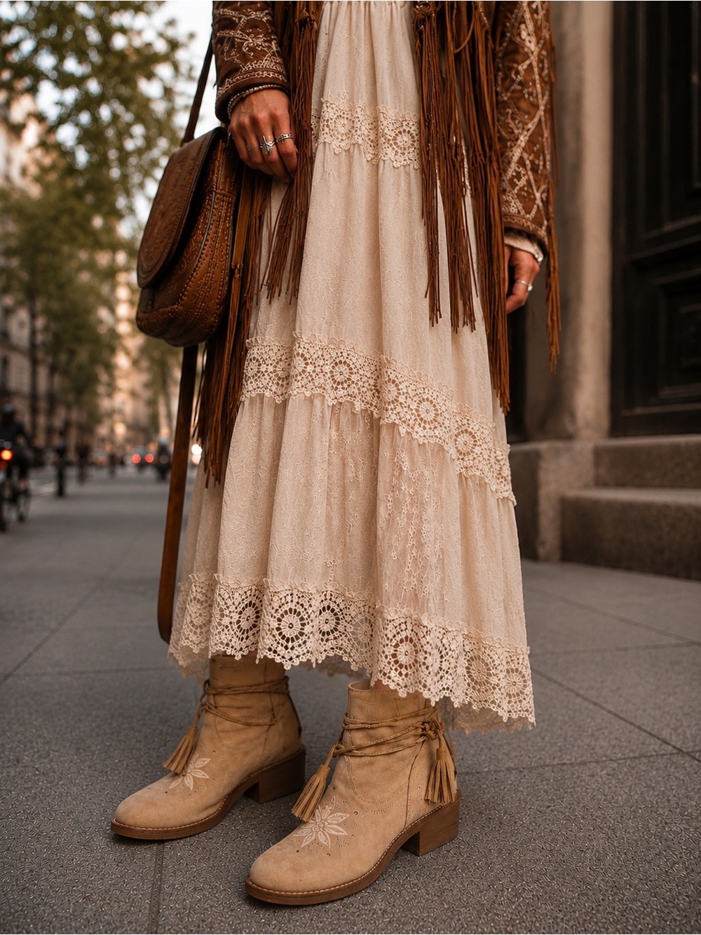 MUSSE & CLOUD Anthropologie Natural Leather KYLIE Embroidered Ankle Ties Boots